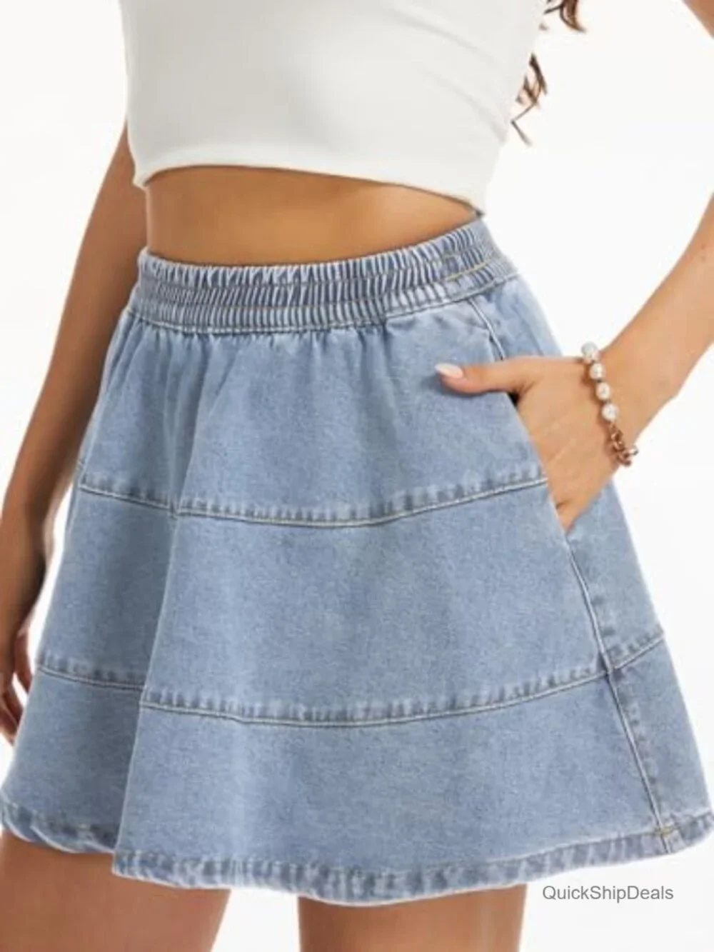 Stretchy High Waisted Tiered A-Line Flared Denim Mini Skirt with Pockets
